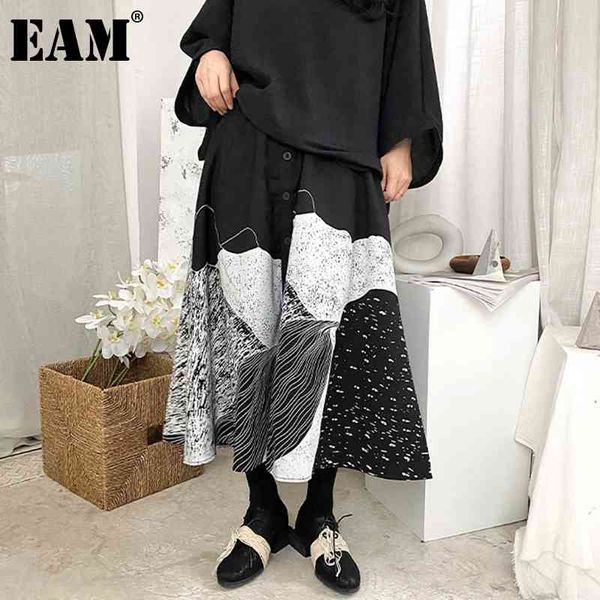 

[eam] high elastic waist black pattern printed big size half-body skirt women fashion spring summer 1dd6834 21512
