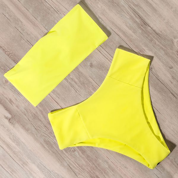Hohe taillierte Neon Bikini Frau Bandeau Badeanzug Badekleidung Mayo Push Up Swimwear Tube Top Sexy Zweiteilige Badeanzug für Frauen