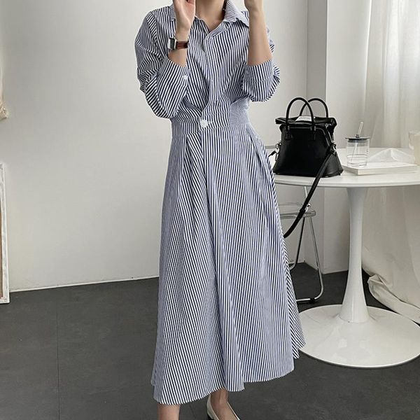 

casual dresses autumn striped shirt dress women fashion high waist button pleating turndown collar korean base midi clothes, Black;gray