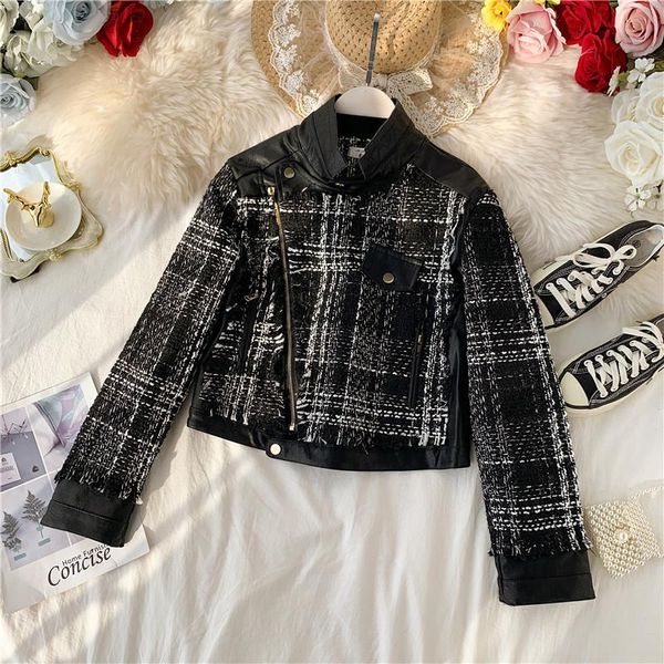 

women's jackets leather splicing woolen coat female 2021 spring and autumn fashionable loose jacket, Black;brown