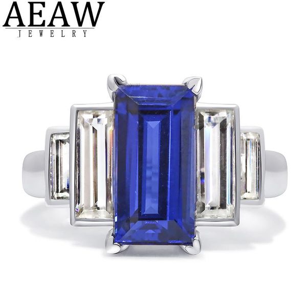 

cluster rings 6x12mm emerald cut lab created sapphire stone set with baguette df color moissanite ring real 18k white gold gift, Golden;silver