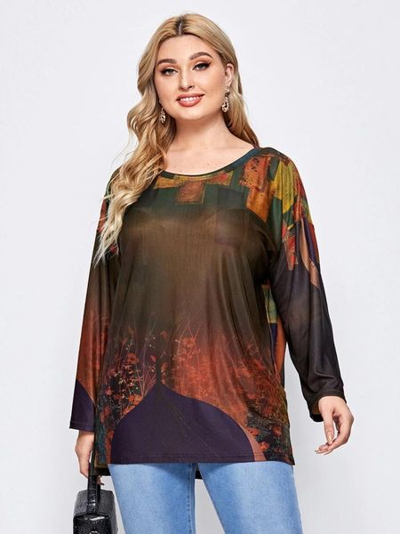 

plus size t-shirt loose oversized ladies 2021 spring autumn women long sleeve retro printing vintage blouse clothing, Black