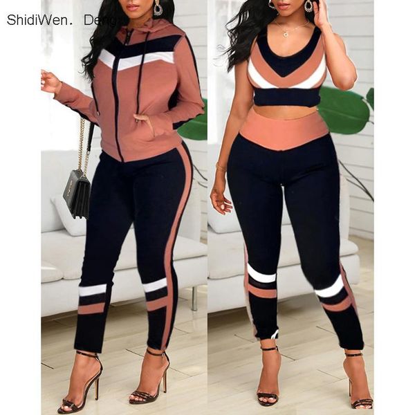 

trendy autumn winter women three piece set colorblock crop & high waist pants hooded coat women's two, White