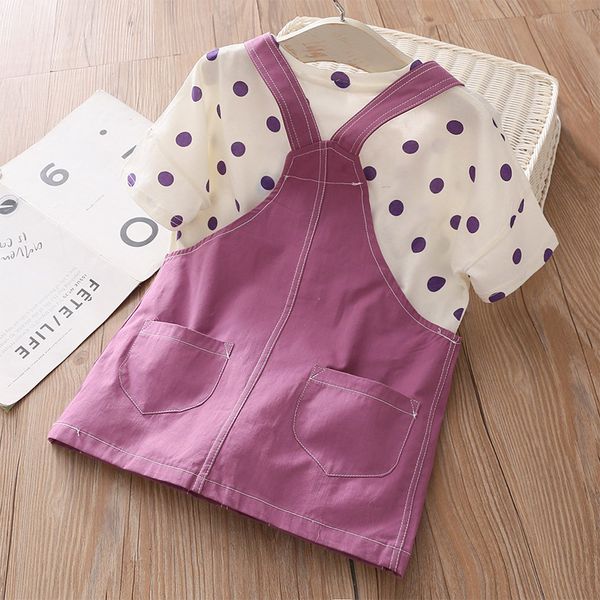 

2021 summer new 2 3 4 6 8 10 years baby overalls cotton dress+short sleeve dots t-shirt 2 pieces school kids girls clothes set, White;black