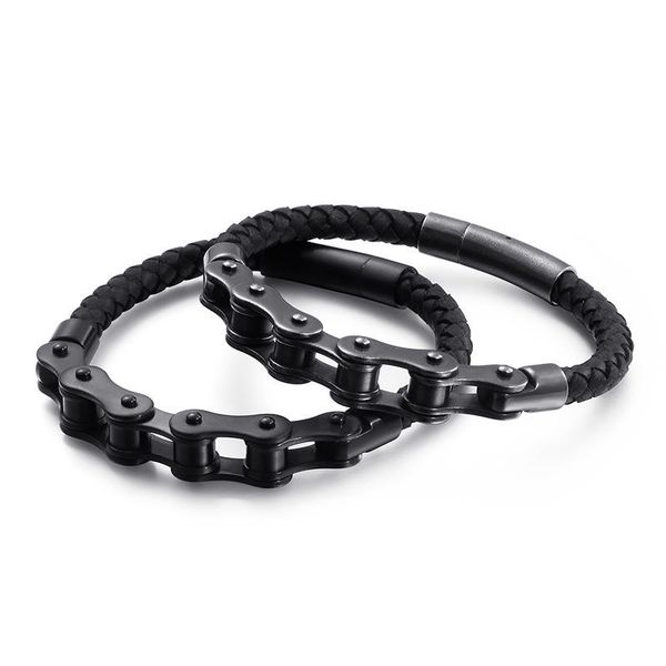 

weave leather stainless steel motor cycle chains wrist band bangles bracelet for women men couple friends gift jewelry bo bangle, Black