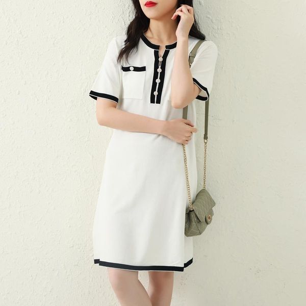 

casual dresses temperament summer dress women contrast color buttons pockets knitted korean elegant mini vestidos mujer high quality, Black;gray