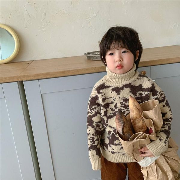 

pullover 2021 winter children fashion knitted high collar loose sweaters korean style warm thick base sweater, Blue