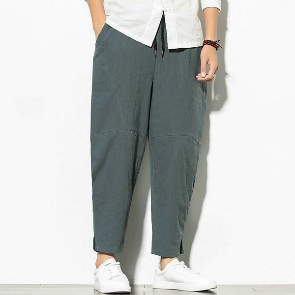 

men's summer cotton linen cropped cross fashion baggy casual loose big pocket pants drawstring trousers male, Black