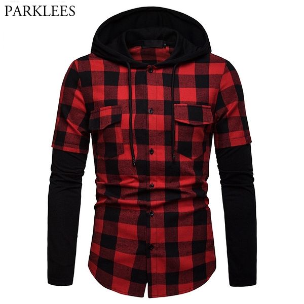 Capuz de molha preto vermelho camisa masculina moda figura duas peças cheque com capuz s mil hipster streetwear com bolsos xxl 210721