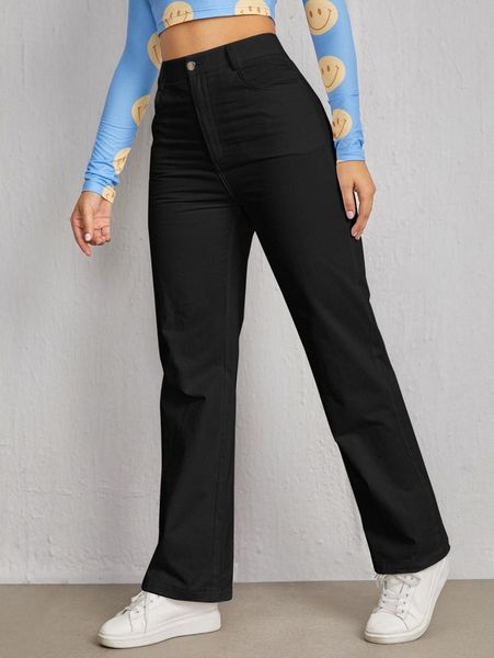 

solid high waist straight leg pants s6qx#, Black;white