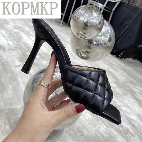 

sandals 2021 brand design women elegant square toe thin high heels 9cm slippers summer outdoor beach slides shoes, Black