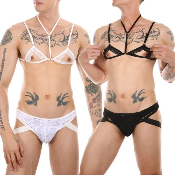 

bras sets men two-piece lingerie set sissy underwear nightwear adjustable spaghetti strap halter hollow out lace bra with briefs, Red;black