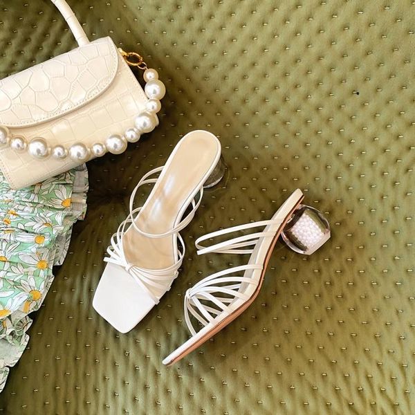 

slippers 2021summer women square toe narrow strap casual beach shoes khaki 6cm pearl round high heels lady slides zapatillas, Black