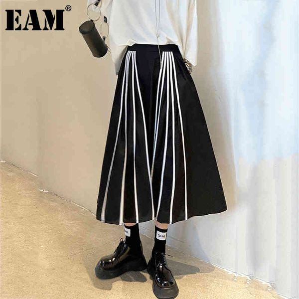 

[eam] high elastic waist black pleated striped a-line half-body casual skirt women fashion spring autumn 1dd7575 21512