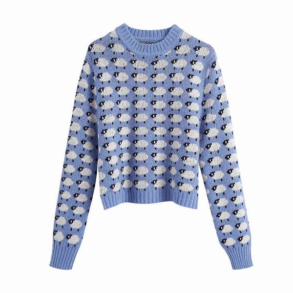 

women's shorts sweet women cartoon sheep print sweater fashion ladies chic o-neck knitted streetwear female cute blue pullove, White;black