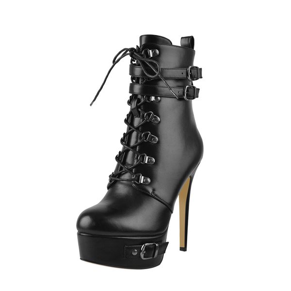 

women thin high heels lace up platform ankle boots for women buckle matte black shoes large size zipper
