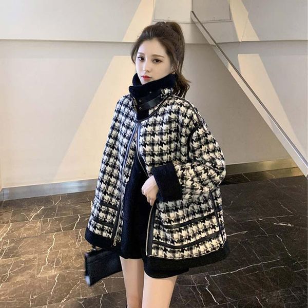 

women's jackets autumn and winter houndstooth coat fur one-piece loose jacket motorcycle suit korean coats women, Black;brown