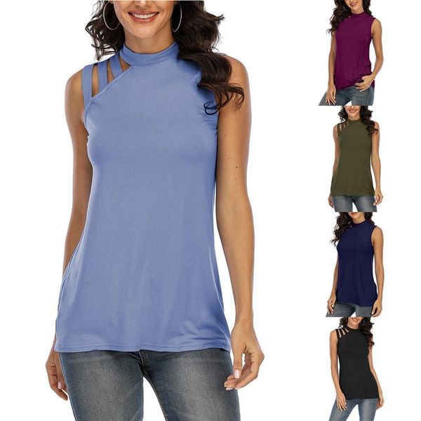 

women's fashion solid color round neck sleeveless off shoulder vest t-shirt top, White