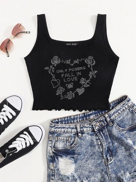 

rhinestone slogan and floral tank z3ur#, White
