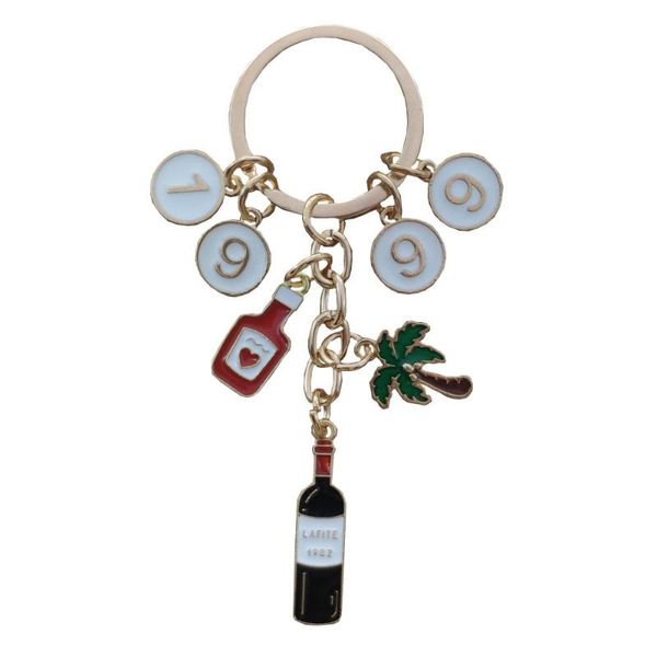 

keychains luxury enamel kc gold plated birth year red wine coconut tree keychain key ring anniversary present women jewelry gift, Silver