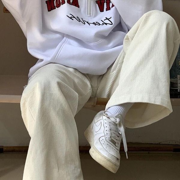

women's pants & capris beige corduroy vintage wide leg women korean style soft girl pink black autumn oversize casual trousers female, Black;white