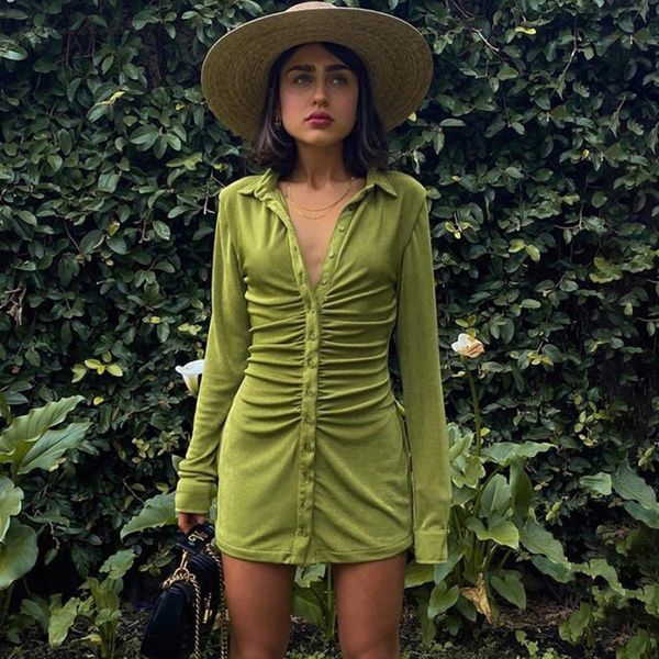 

casual dresses macheda autumn long sleeve bodycon dress women solid club basic turn-down collar clothing slim lady mini 2021, Black;gray