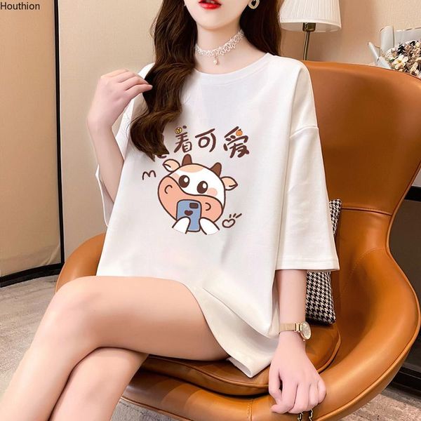 

women's t-shirt houthion short sleeve print casual fashion tshirt o-neck cotton loose plus size year of the ox t shirt, White