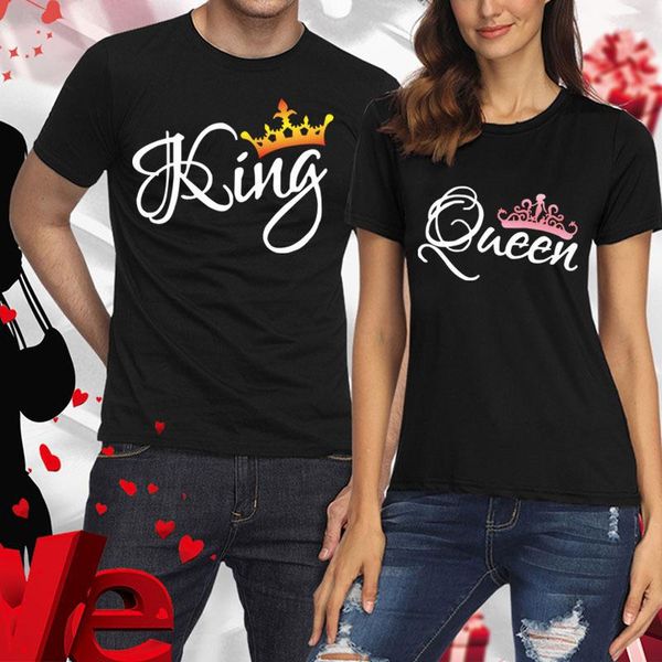 

crown print couple t shirt lovers short sleeve o neck loose tshirt fashion woman man tee clothes women's t-shirt, White