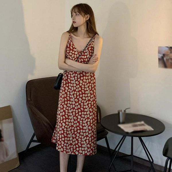 

casual dresses women sweet dress korean retro floral printed v-neck temperament fresh slimming mid-length strap, Black;gray