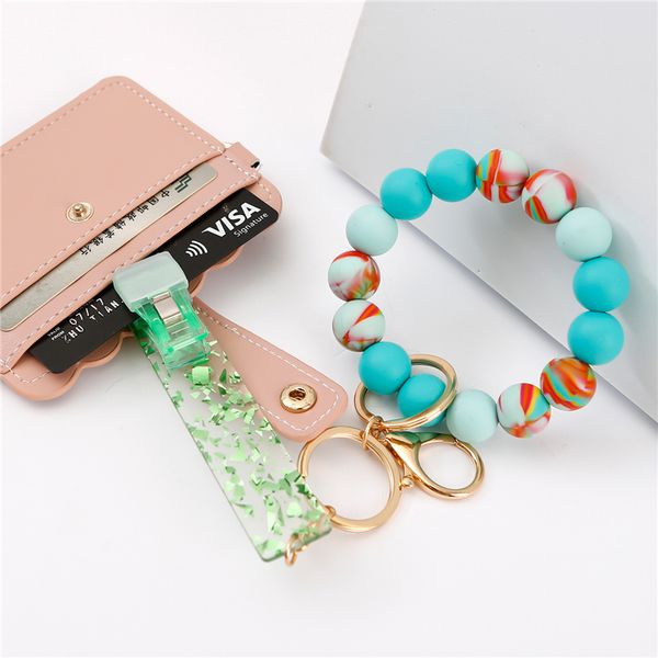 

dhl silicone keychain with plastic card clips beads bracelet wrist keychains women men fashion beaded key keyrings with tassel, Silver