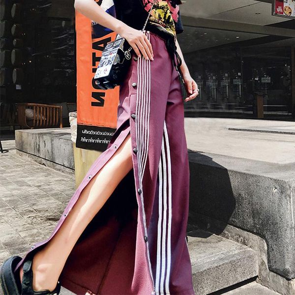 

women's pants & capris 2021 women autumn fashion high waist harakuju female casual split single button long trousters loose street bott, Black;white
