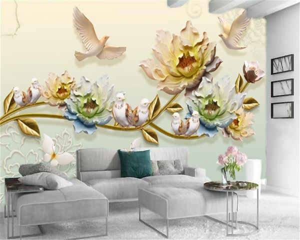 

wallpapers 3d wallpaper living room relief peony cute bird digital printing hd decorative beautiful