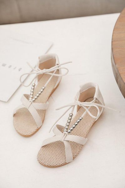 

dress shoes casual lady string bead cover heel party sandals ankle strap women summer fashion lace-up roman, Black