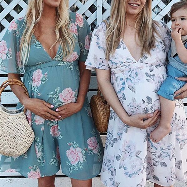 

maternity dresses dress adjustable v-neck print women high-low surplice wrap with waist belt breastfeeding clothing, White