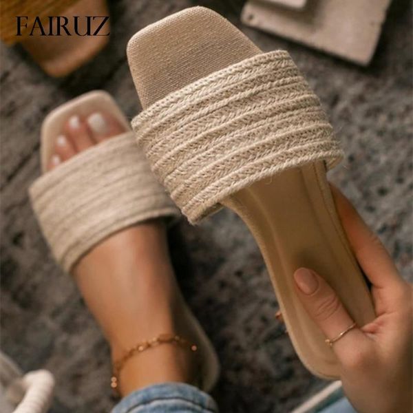 

slippers 2021 women summer fashion woven slip slides ladies snadals flat sandals female outdoor casual slipper, Black