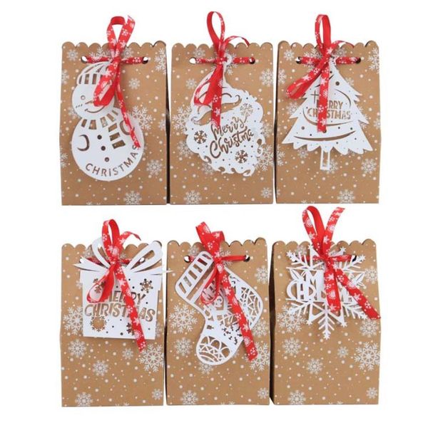 Noel Kraft Hediye Çantası Tatil Kağıt Mevcut Wrap Şeker Tedavi Kutusu etiketleri ile Şerit Parti Malzemeleri Xmas Goodies Ambalaj