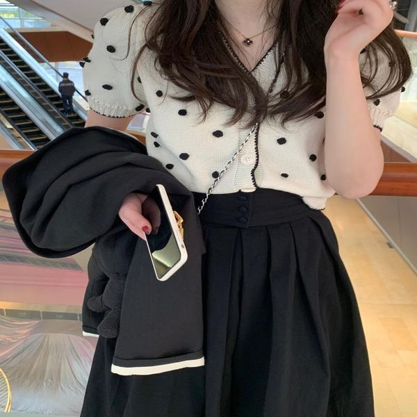 

women's knits & tees heavy industry embroidery dot knitted cardigan 2021 summer style ball short sleeve v-neck sweater fashion, White