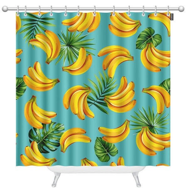 

palm leaves and bananas x-long shower curtains for bathroom sets seamless with tropical yellow green on blue background
