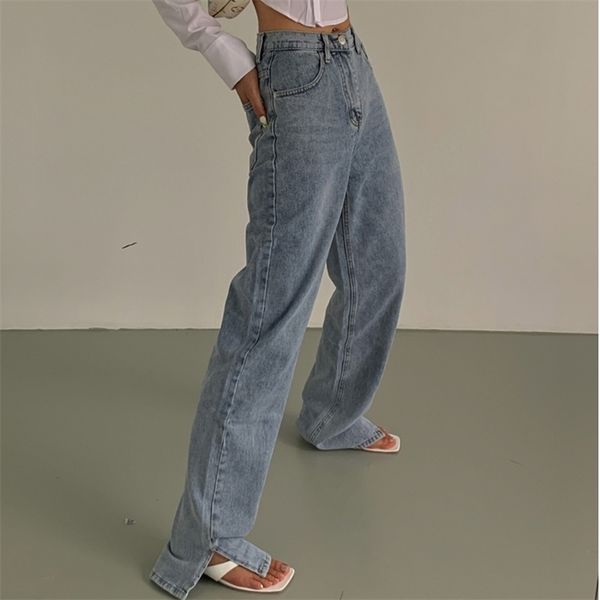

ies high waist overlength jeans woman denim pants side split female trousers streetwear 210322, Blue