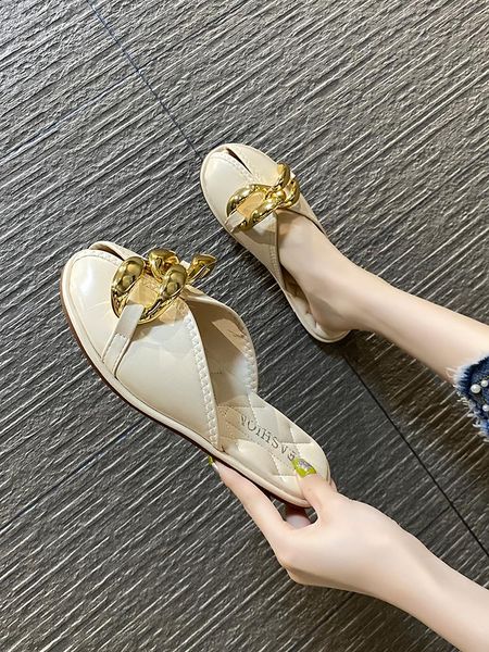 

slippers comfortable flat-bottomed baotou half summer fashion metal decoration outer wear muller women's shoes, Black
