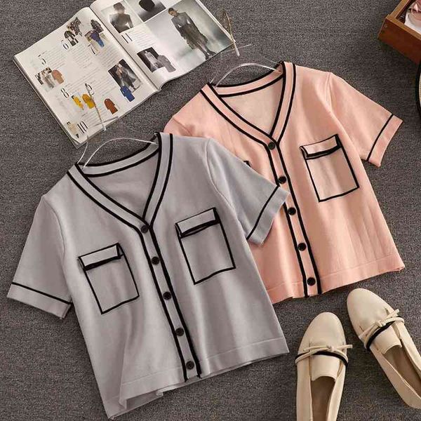 

summer thin knit cardigan women short-sleeved slim v-neck double pocket striped patchwork all-match blouse sweater 210525, White