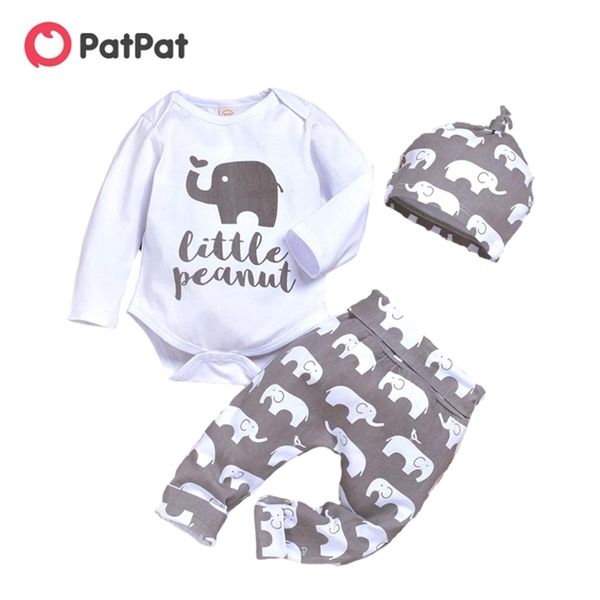 Ankunft 3-teiliges Baby LITTLE PEANUT Elefanten-Bodysuit und Hose mit Hut Set Kleinkind Mädchen Sets Kleidung 210528