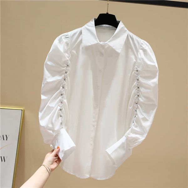 

spring beading puff sleeves white solid turn down collar loose shirt womens 210615