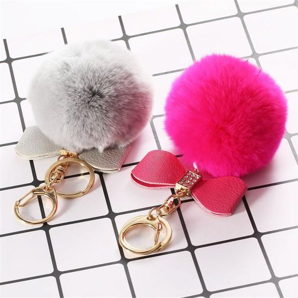 

keychains woman crastal key chain artificial fur ball bowknot keychain bags plush car ring pendant, Silver