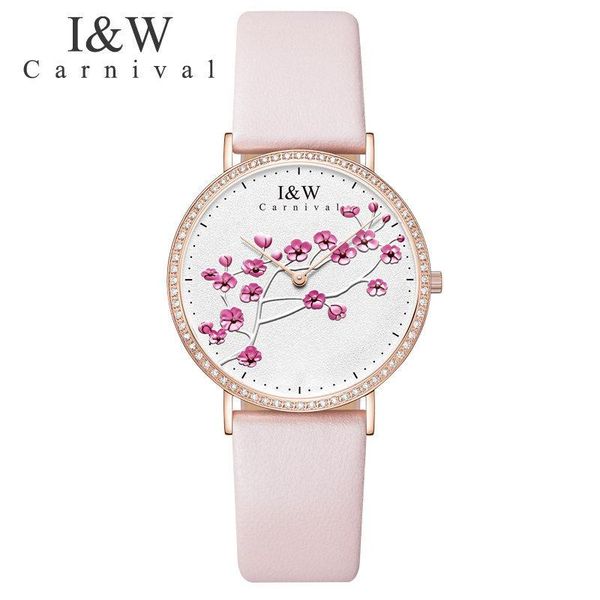 

wristwatches swiss import quartz movement women's watches carnival watch women sapphire genuine leather reloj hombre c3002-6, Slivery;brown