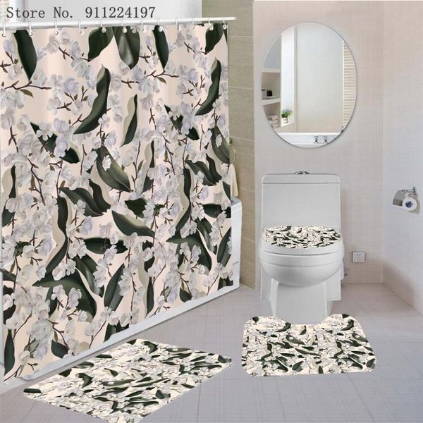 

northern europe bath curtain toilet lid cover rug sets 4 piece waterproof green leaf flower shower with 12 hooks accessory set