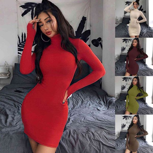 

womens dresses women winter sweater knitted long red slim elastic turtleneck sleeve lady bodycon robe, Black;gray