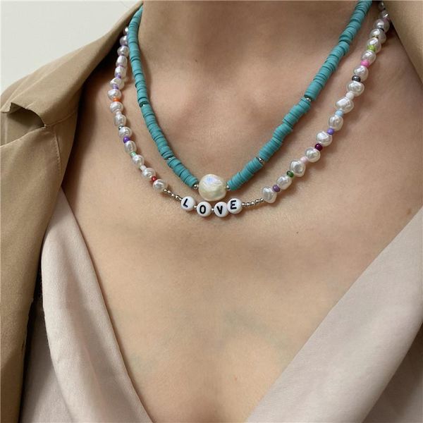 

chokers imitation pearl blue soft ceramic handmade beaded letter love necklace for women girls personality trend jewelry gifts, Golden;silver