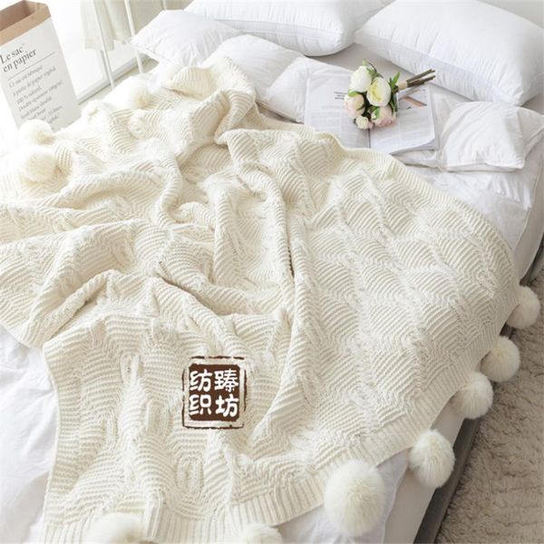 

nordic knitted pompoms blanket sofa throw blankets baby bed for babies children infant stroller toddler cot crib covers & swaddling