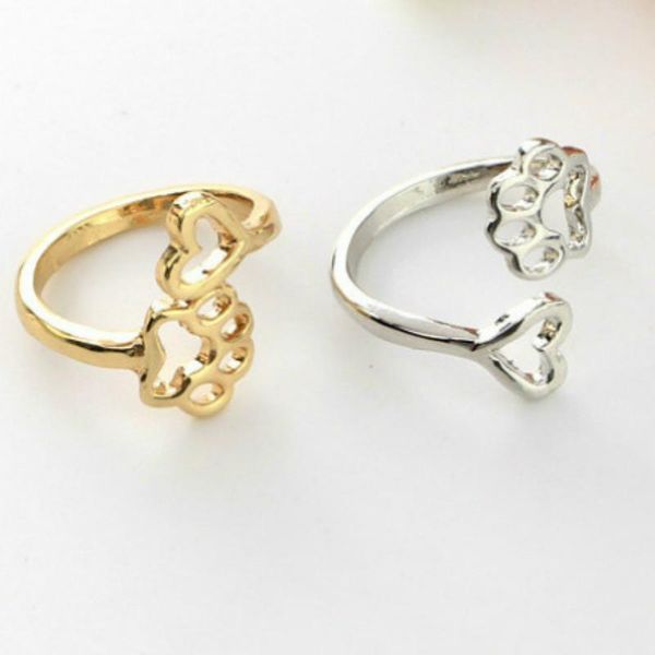 

cluster rings 2021 gold silver love heart dog foot open adjustable simple creative hollow ring for women girls fashion jewelry, Golden;silver